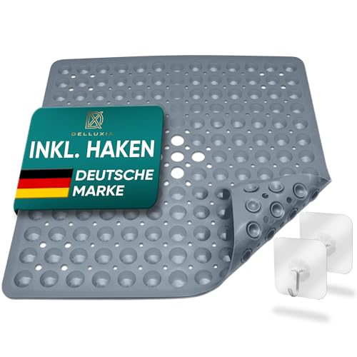 Delluxia Duschmatte rutschfest 53x53 cm, INKL. 2 Haken | Antirutschmatte Dusche Badematte rutschfest schimmelresistent & maschinenwaschbar | Duscheinlage rutschfest, BPA frei & latexfrei | Dunkelgrau von DELLUXIA