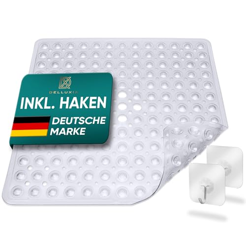 Delluxia Duschmatte rutschfest 53x53 cm, INKL. 2 Haken | Antirutschmatte Dusche Badematte rutschfest schimmelresistent & maschinenwaschbar | Duscheinlage rutschfest, BPA frei & latexfrei | Transparent von DELLUXIA