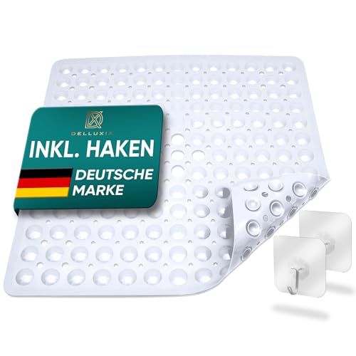 Delluxia Duschmatte rutschfest 53x53 cm, INKL. 2 Haken | Antirutschmatte Dusche Badematte rutschfest schimmelresistent & maschinenwaschbar | Duscheinlage rutschfest, BPA frei & latexfrei | Weiß von DELLUXIA