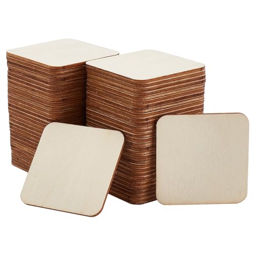 DELORIGIN 100 Stück Unlackierte Holzstücke 5cm Holzquadrate aus Holz Die Blanko-Holzstücke Natürliche Holzscheiben für Basteln Ornamente Projektbedarf Heimdekoration Malen Schreiben von DELORIGIN