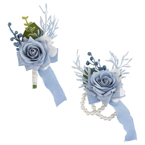 DELORIGIN 2 Teiliges Set Mit Ansteckblume Und Boutonniere Für Hochzeiten Und Bälle. 2 Stile: Blaue Rose Ansteckblume Handgelenk Ansteckblume Armbänder Mit Perlenarmband Für Männer von DELORIGIN
