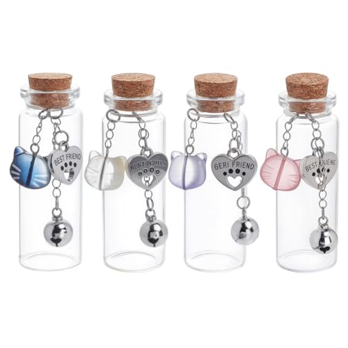 DELORIGIN 4 Stück Tierhaar Gedenkglas 4 Stile Transparente Glas Leerflasche Mit Glöckchen Katzenanhänger Herzförmige Plakette Fläschchen Für Asche Oder Haare Haustiergeschenk von DELORIGIN