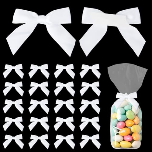 DELORIGIN 50 Stück Weiße Schleifen SatinbandTwist Tie schleifen weihnachten 2.4" (60mm) Kleine Selbstklebende Schleife Party Dekoration Für Kuchen Geschenke Hochzeit Geburtstag Weihnachten von DELORIGIN