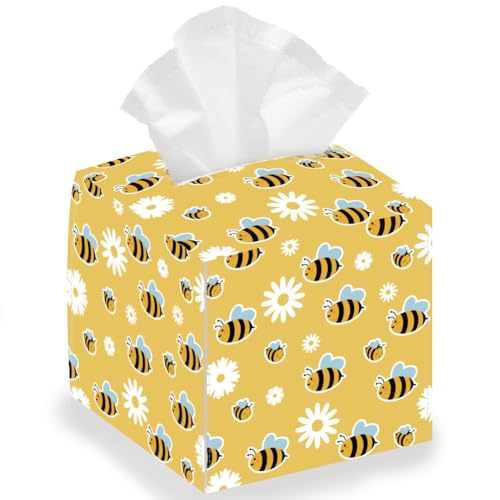 DELORIGIN Bee Daisy Taschentuchbox Aus Leder Quadratisch Faltbar Aufbewahrungsbox Für Taschentücher Wasserdicht Für Papierhandtücher Zu Hause Und Im Schlafzimmer von DELORIGIN