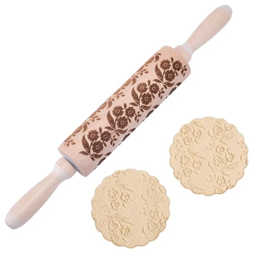 DELORIGIN Geprägtes Nudelholz Aus Holz Mit Blumen/Blätter Aufdruck 35cm Nudelholz Zum Backen von Keksen 3D Muster DIY Backzubehör Selbstgemachtes Gebäck Keksteig von DELORIGIN