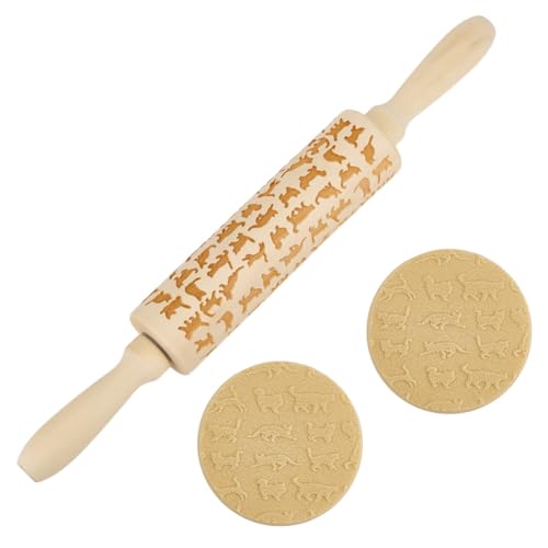 DELORIGIN Nudelholz Aus Holz Mit Katzenprägung 34cm Langes Nudelholz Mit Blumenmotiv Zum Backen von Keksen 3D Muster DIY Küchenwerkzeug Keks Fondant Teig Zubehör von DELORIGIN