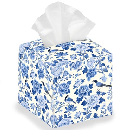 DELORIGIN Quadratische Faltbare Taschentuchbox Mit Blauen Blumen Und Vögeln Wasserdichtes Leder Papierhandtuchetui Behälter Organizer Für Schlafzimmer Büro Auto 13 x 13 x 13cm von DELORIGIN