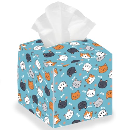 DELORIGIN Quadratische Taschentuchbox Halter Mit Niedlichem Katzengesicht Motiv Faltbare Wasserdichte Taschentuchbox Für Schlafzimmer Büro Badezimmer Auto Heimdekoration aus Kunstleder (PU) von DELORIGIN