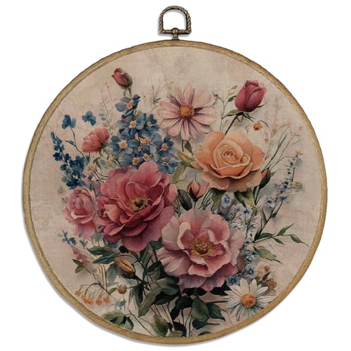 DELORIGIN Runde Leinwandbild Wanddekor Im Vintage Mit Blumenmuster 10" Kunstdruck Wanddeko Wandkunst Bohemian Wanddekoration Hängende Wandbilder Für Zimmer Esszimmer Schlafzimmer Wohnzimmer Balkon von DELORIGIN