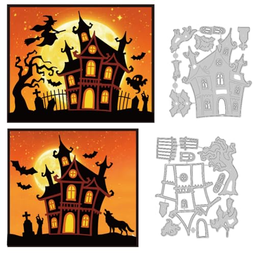 DELORIGIN Stanzformen „Halloween Spukhaus“ Zur Kartenherstellung Hexenschloss Stanzform Schablone Aus Karbonstahl Prägevorlage Für Halloween Karten Einladungsdekor von DELORIGIN