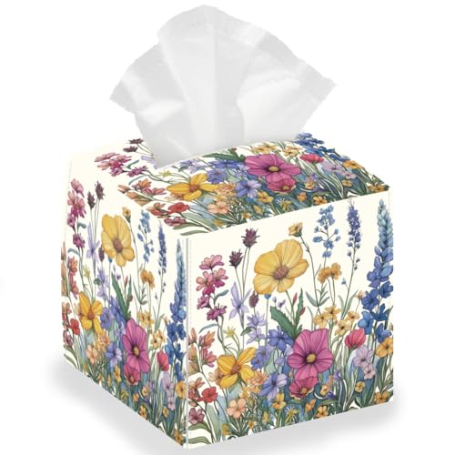 DELORIGIN Taschentuchbox Halter „Wild Flowers“ Taschentuchbox Mit Vintage Blumenmuster Quadratisch Faltbar Wasserdicht Papierhandtuchhülle Behälter Organizer Für Schlafzimmer Büro Auto von DELORIGIN
