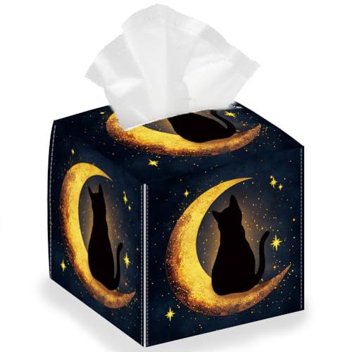 DELORIGIN Taschentuchbox Halter In Mondkatze Optik Quadratische Taschentuchbox Mit Sternenhimmel Faltbar Wasserdicht Papierhandtuchhülle Behälter Organizer Für Schlafzimmer Büro Auto von DELORIGIN