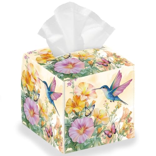DELORIGIN Taschentuchbox Halter Mit Blumen Quadratische Taschentuchbox Abdeckung Mit Kolibri Motiv Faltbare Taschentuch Wasserdichter Taschentuchbox Halter Für Schlafzimmer Büro Badezimmer Auto von DELORIGIN