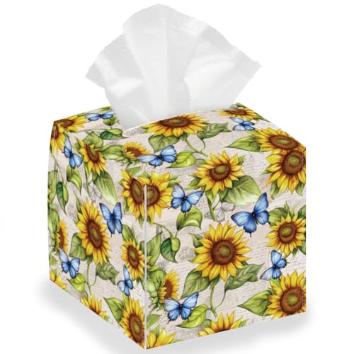 DELORIGIN Taschentuchbox Halter Mit Sonnenblumen Motiv Quadratische Taschentuchbox Mit Schmetterlingen Faltbare Taschentuch Halter Für Schlafzimmer Badezimmer Auto Nachttisch von DELORIGIN