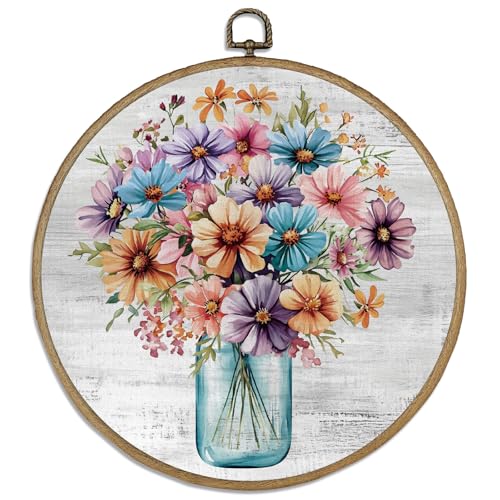 DELORIGIN Vasen Blumen Runde Leinwandbild Wanddekor 10" Gerahmte Kunstdruck Wanddeko Wandkunst Wanddekoration Hängende Wandbilder Für Wand Zimmer Esszimmer Schlafzimmer Wohnzimmer Balkon Terrasse von DELORIGIN