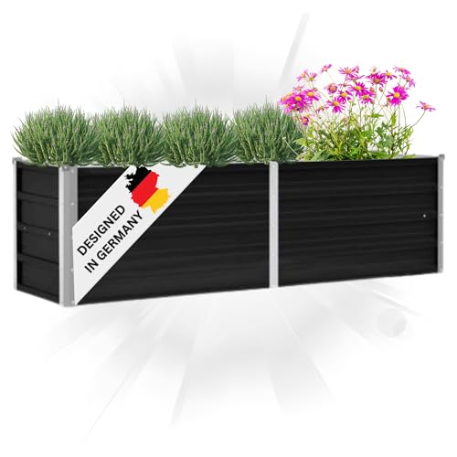 DELUKE® Hochbeet für Garten Oskar Anthrazit | 160x40x45cm | Verzinkter Stahl | Wetterfest | Hochbeet Metall Gartenbeet Kräuterbeet Blumenbeet Beet hoch Frühbeet für Garten Gemüsebeet von DELUKE