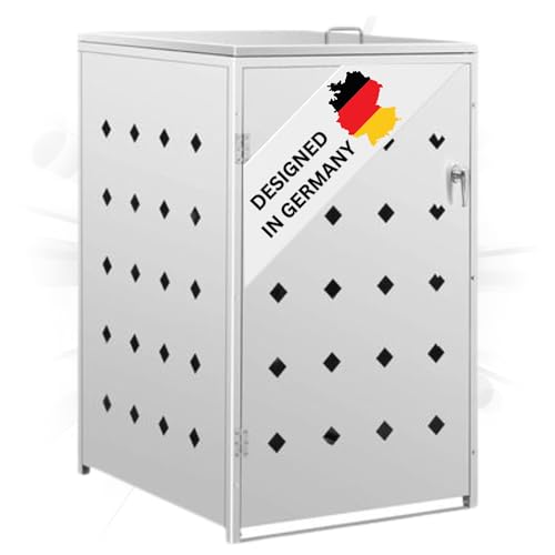 DELUKE 1er Mülltonnenbox SOGI Edelstahl | 69x115x77,5cm Silber | Mülltonnenverkleidung für 1 Tonne 240L Müllbox aus Metall Mülltonnenschutz Mülltonnendach von DELUKE