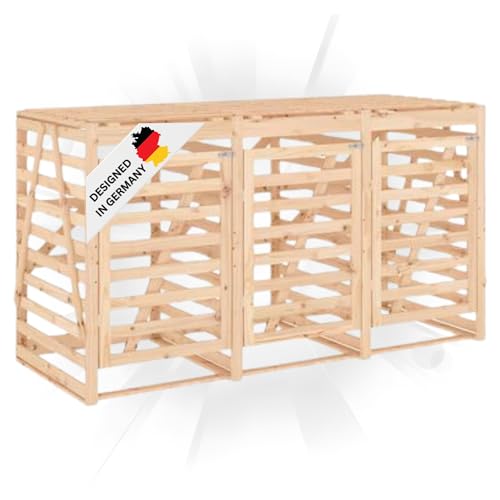 DELUKE 3er Mülltonnenbox Kiefernholz BOUMI | 240x91,5x128,5cm Natur | Mülltonnenverkleidung für 3 Tonnen Müllbox aus Holz Mülltonnenschutz Mülltonnendach von DELUKE