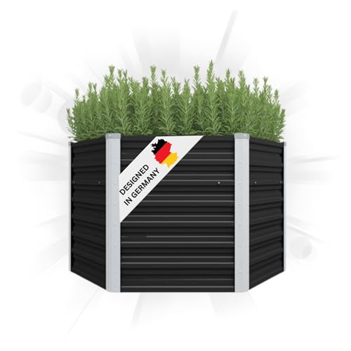 DELUKE 6-eckiges Hochbeet für Garten NOA Anthrazit | 129x129x77cm | Verzinkter Stahl | Wetterfest | Gartenbeet Kräuterbeet Blumenbeet Beet hoch Frühbeet für Garten Gemüsebeet von DELUKE