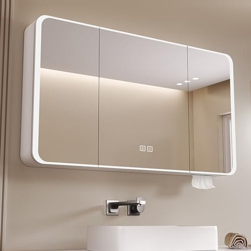 DELURA LED Spiegelschrank Badezimmer Spiegelschrank Aluminium mit Beleuchtung Lichtspiegelschrank Antibeschlag 90x70 cm (Color : White) von DELURA