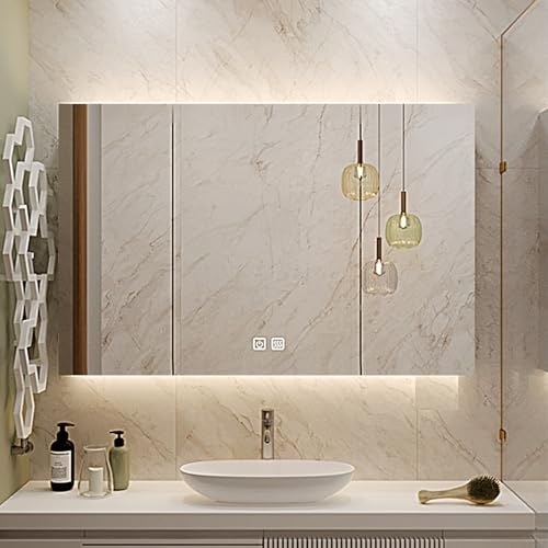 DELURA Spiegelschrank Bad mit Beleuchtung, Spiegelschrank, 3-türiger Badezimmerschrank mit Regal, Defogger, Dimmung, Oberflächenmontage (Size : 90x80x13cm/35.4x31.5x5in) von DELURA