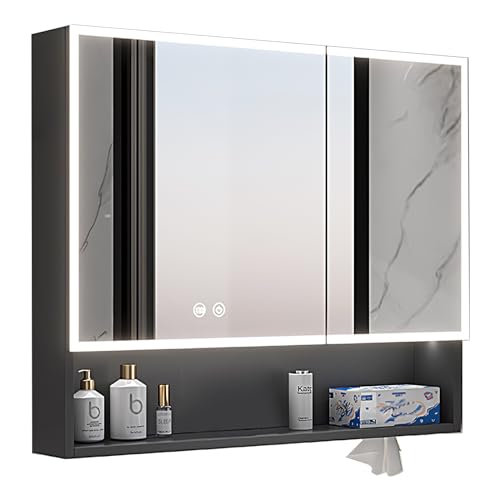 DELURA Spiegelschrank Bad mit LED Beleuchtung, Badezimmer spiegelschrank mit 2 Türen,badschrank mit Spiegel, Hängeschrank,badspiegel, Anti Nebel (Color : GY, Size : 80x13x70cm/31.5x5x27.6in) von DELURA