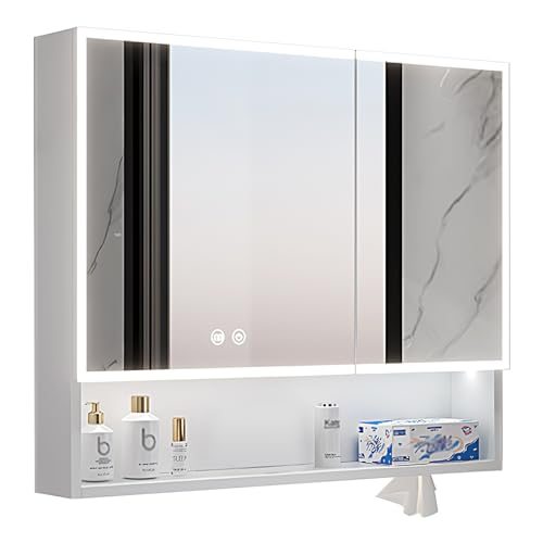 DELURA Spiegelschrank Bad mit LED Beleuchtung, Badezimmer spiegelschrank mit 2 Türen,badschrank mit Spiegel, Hängeschrank,badspiegel, Anti Nebel (Color : WH, Size : 70x13x70cm/27.6x5x27.6in) von DELURA