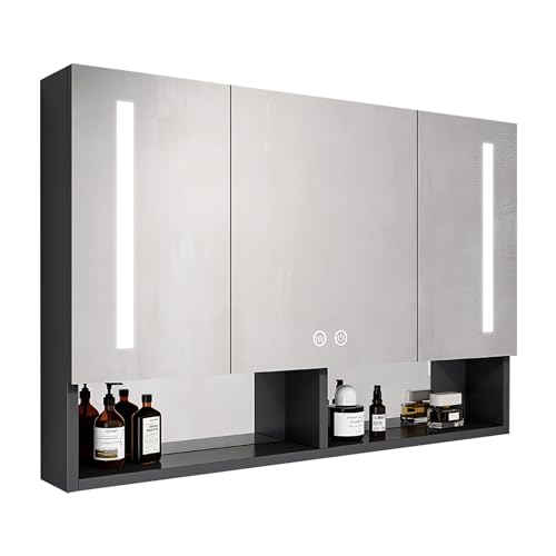 Spiegelschrank Bad mit Beleuchtung 90 x 68cm Breit, Antibeschlag-Badezimmerspiegelschrank mit Licht, 3 Drehtüren LED Spiegelschrank mit Touch Dimmer (Color : Black) von DELURA