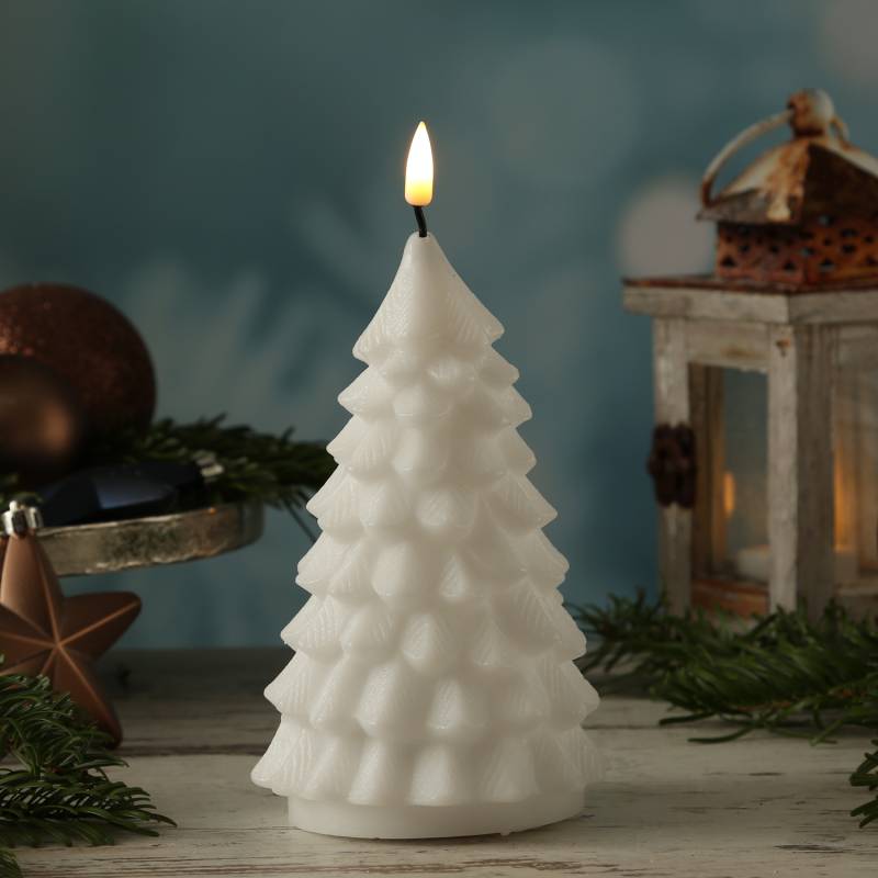 LED Kerze Tannenbaum - Echtwachs - flackernde 3D Flamme - H: 16cm - D: 9cm - weiß von DELUXE Homeart