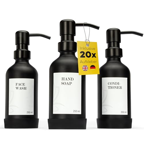 DELUXXOO® Pumpflaschen Set aus Glas - 3er Set in Schwarz - Nachfüllbare Seifenspender, Schamoo- & Duschgelspender - 250ml - Stilvolle Glasflasche für Bad, Küche & Gäste-WC von DELUXXOO