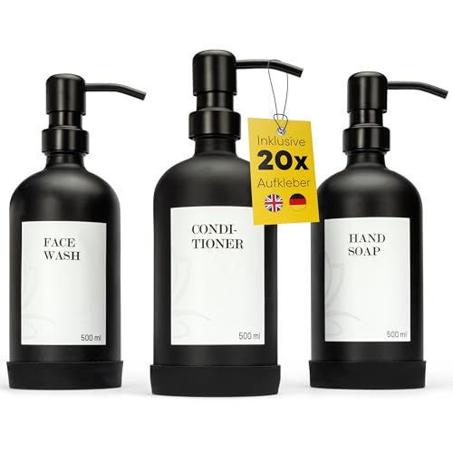 DELUXXOO® Hochwertiges 3-teiliges Pumpflaschenspender Set schwarz matt aus Glas als Organizer 500 ml I Seifenspender I Duschgelspender I Shampoospender I Spülmittelspender I Lotionspender von DELUXXOO