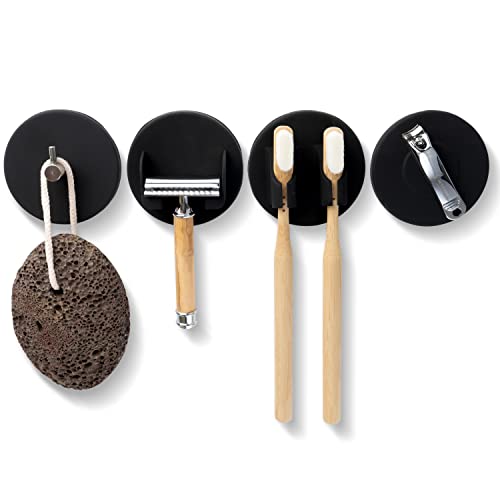 DELUXXOO® Hochwertiges 4-teiliges Badezimmer Halter Set schwarz selbstklebend als Bad Organizer und Deko | ohne Bohren | Haken | Zahnbürstenhalter | Rasiererhalter | Magnet von DELUXXOO