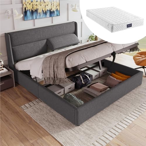 DELVOYE 160x200cm Polsterbett,Doppelbett mit Verstellbare Kopfstützen,Hydraulisches Bettgestell mit Stauraum,Jugendbett mit Metall- Lattenrost,Bett mit Matratze,Leinenmaterial(160x200cm) von DELVOYE