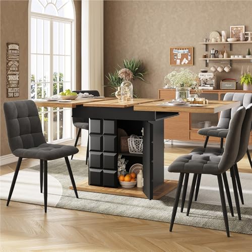DELVOYE Esstisch Teleskoptisch,Kücheninsel freistehend,Esstisch mit Weinregal und Schubladen Klappbarer,Küchentisch für 4-6 Personen,platzsparender Küchentisch,für Küche und Wohnzimmer(Black A) von DELVOYE