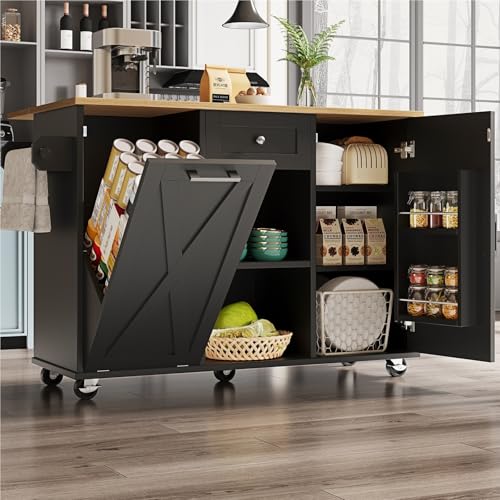 DELVOYE Kücheninsel,Küchenschrank für Mülleimer,Buffetschrank auf Rollen,Esstisch mit Speicherraum,Speisewagen mit Stretchfunktionsschränken,MDF,Kücheninseln für Küchen Restaurants(Black) von DELVOYE