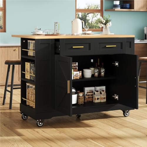 DELVOYE Kücheninsel,Küchenschrank mit Rollen,Moderne Speisewagen mit Holzmaserung,Esstisch mit Speicherraum,Buffetschrank mit Stretchfunktionsschränken,MDF,für Küchen Restaurants(Black) von DELVOYE