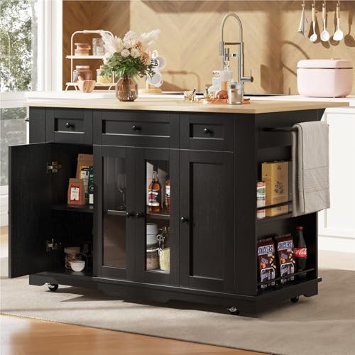 DELVOYE Kücheninsel,Küchenschrank mit abnehmbare Trennwände,Esszimmerwagen mit Arbeitsplatte,Buffetschrank mit Holzmaserung,Sideboard mit gehärtetem Glas,MDF,für Küchen Restaurants(Black) von DELVOYE