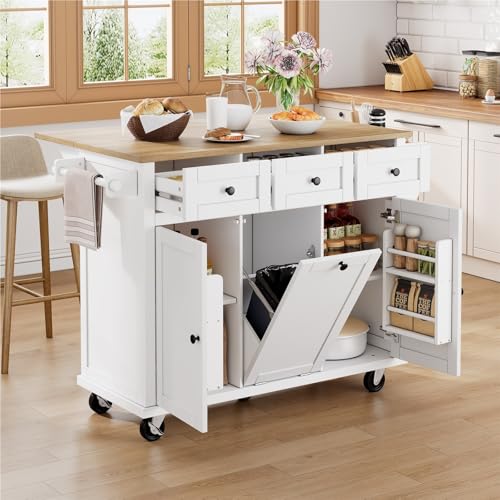 DELVOYE Kücheninsel mit Rollen,Küchenschrank mit Ausziehbarer Essbereich,Buffetschrank mit Abfalleimer und Schubladen,Mobile Kücheninsel mit Stauraum,MDF,Ideal für Küche und Esszimmer(White) von DELVOYE