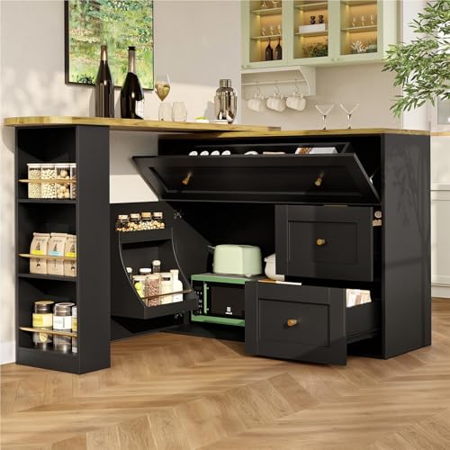 DELVOYE Küchenschrank,Ausziehbarer Bartisch mit Stauraum,Sideboard mit Snackregal,Teleskopischer Bartisch,Buffetschrank mit Seitenregalen,Stehtisch,MDF,Kücheninsel für Küchen Restaurants(Black) von DELVOYE