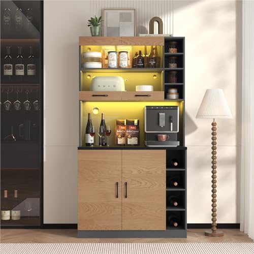 DELVOYE Küchenschrank,Buffet mit LED-Beleuchtung und Kabellöchern,Küchen-Highboard aus Holz,Freistehend Esszimmerschrank mit höhenverstellbare seitliche Ablagefächer für Wohnzimmer Bar(Nature) von DELVOYE