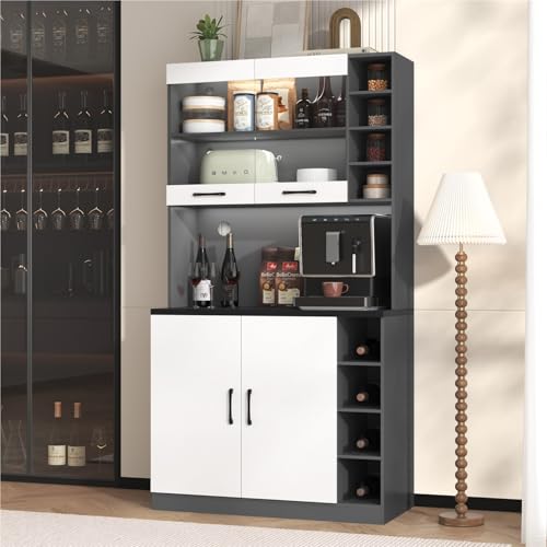 DELVOYE Küchenschrank,Buffet mit LED-Beleuchtung und Kabellöchern,Küchen-Highboard aus Holz,Freistehend Esszimmerschrank mit höhenverstellbare seitliche Ablagefächer für Wohnzimmer Bar(White) von DELVOYE
