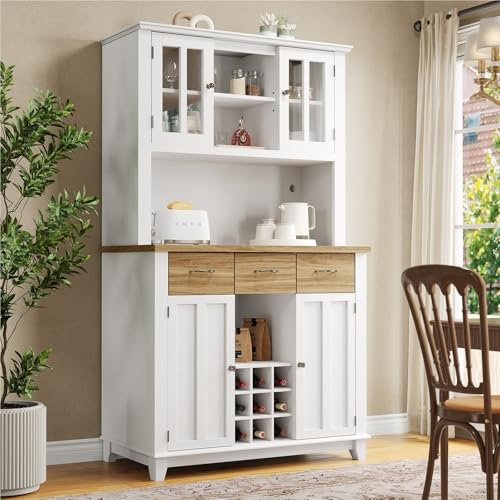 DELVOYE Küchenschrank,Buffetschrank mit Verstellbaren Ablagen,Sideboard mit LED-Beleuchtung,Hochschrank Küchenbuffet mit 3 Schubladen,MDF,Vitrinenschrank für Wohnzimmer Esszimmer(Natural) von DELVOYE