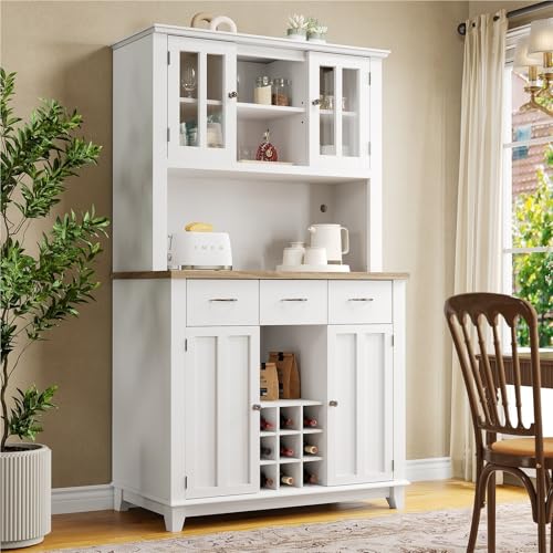 DELVOYE Küchenschrank,Buffetschrank mit Verstellbaren Ablagen,Sideboard mit LED-Beleuchtung,Hochschrank Küchenbuffet mit 3 Schubladen,MDF,Vitrinenschrank für Wohnzimmer Esszimmer(White) von DELVOYE