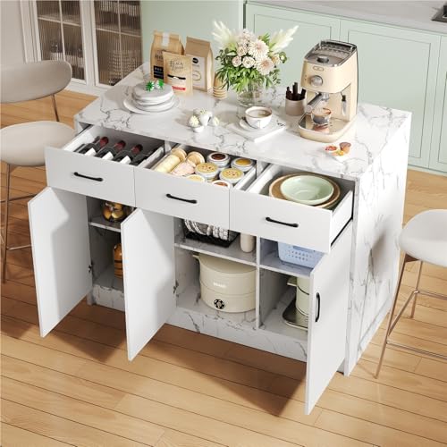 DELVOYE Küchenschrank,Kücheninsel mit Schubladen,Weißes Marmordesign Buffetschrank,Sideboard mit Verstellbare Einlegeböden,Barbereich-Design,MDF,Buffetschrank für Küchen Restaurants von DELVOYE