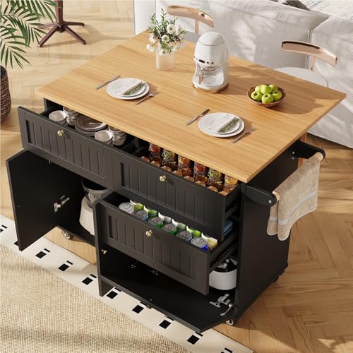 DELVOYE Moderne Kücheninsel,Küchenschrank,Speisewagen mit Holzmaserung,Esstisch mit Speicherraum,Buffetschrank mit Stretchfunktionsschränken,MDF,Sideboards für Küchen Restaurants(Black) von DELVOYE