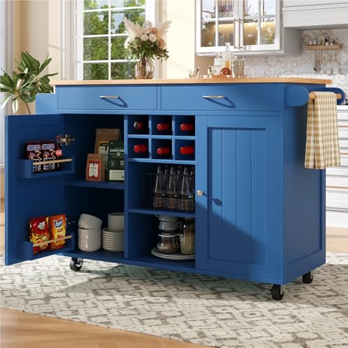 DELVOYE Moderne Kücheninsel,Küchenschrank 2 Schubladen,Speisewagen mit Holzmaserung mit Rollen,Multifunktionale Esstisch mit Speicherraum,MDF,Buffetschrank für Küchen Restaurants(Blauw) von DELVOYE