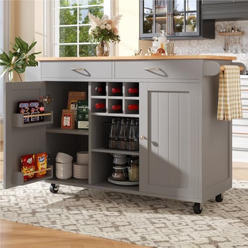 DELVOYE Moderne Kücheninsel,Küchenschrank 2 Schubladen,Speisewagen mit Holzmaserung mit Rollen,Multifunktionale Esstisch mit Speicherraum,MDF,Buffetschrank für Küchen Restaurants(Gray) von DELVOYE