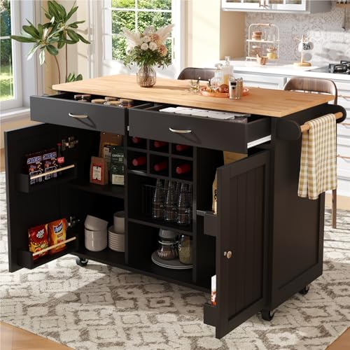DELVOYE Moderne Kücheninsel,Küchenschrank freistehend,Speisewagen mit Holzmaserung,Multifunktionale Esstisch mit Speicherraum,Sideboard mit Stauraum,MDF,Buffetschrank für Küche Esszimmer(Black) von DELVOYE