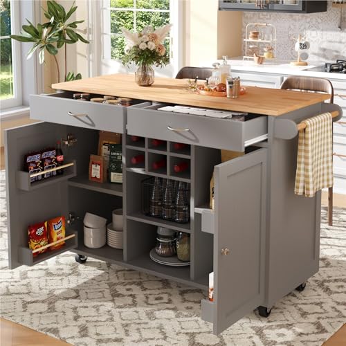 DELVOYE Moderne Kücheninsel,Küchenschrank freistehend,Speisewagen mit Holzmaserung,Multifunktionale Esstisch mit Speicherraum,Sideboard mit Stauraum,MDF,Buffetschrank für Küche Esszimmer(Gray) von DELVOYE