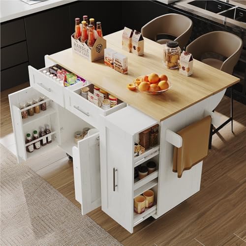 DELVOYE Moderne Kücheninsel,Küchenschrank mit Snackregalen,Holzmaserung Esstisch mit Speicherraum,Speisewagen mit Stretchfunktionsschränken,Buffetschrank für Wohnzimmer Esszimmer,MDF(White) von DELVOYE